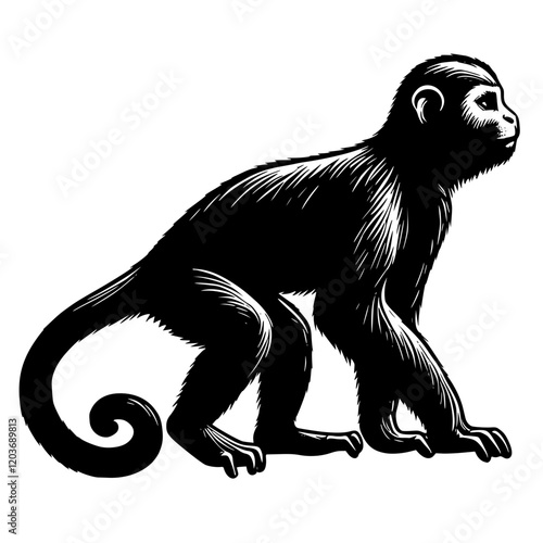 black and white silhouette of a Spider monkey, silhouette of a Ateles