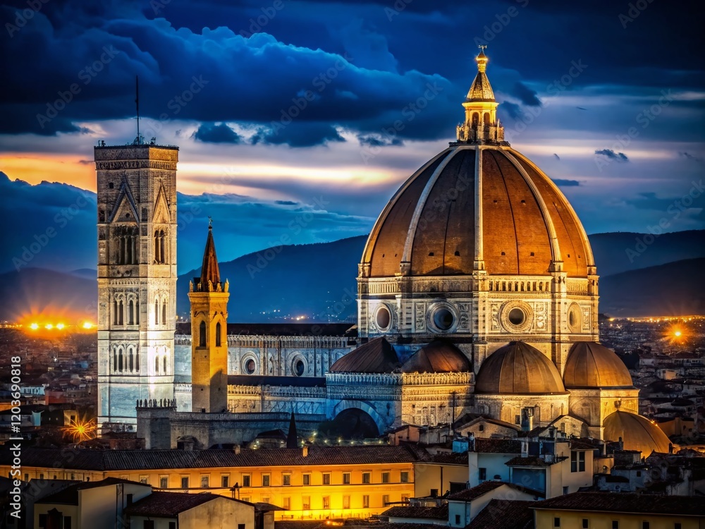 Fototapeta premium Florence Cathedral Dome Night View, Minimalist Tuscany Landscape Photography
