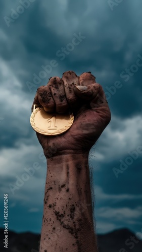Hand holding a gold medal with the number 1 on it