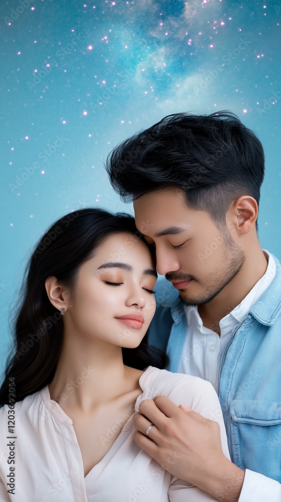 Romantic couple embracing with gentle expressions against a starry blue background creating a dreamy atmosphere of love and connection Romantic couple embracing with gentle expressions against a starry blue background creating a dreamy atmosphere of love and connection