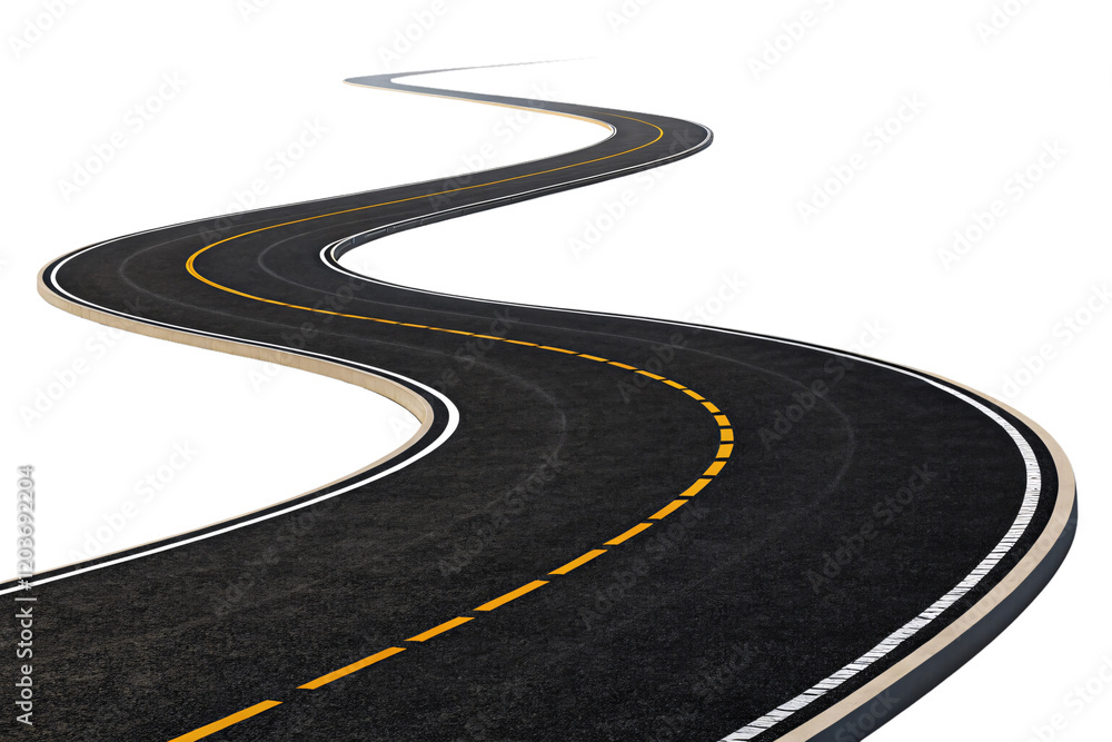 A smooth meandering road with dashed yellow lines, bordered by white edges and a contrasting black surface, evoking motion. Isolated on a transparent background