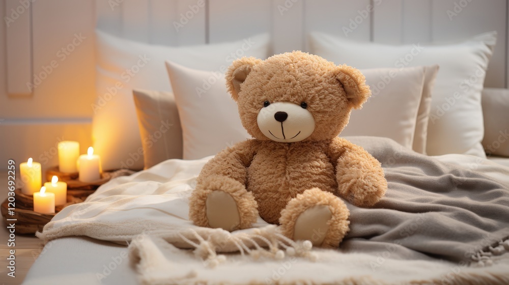 Cozy Handmade Cuddly Teddy Bear Sitting on Soft Bed Surrounded by Pillows and Soft Blankets with Ambient Candle Light Background Cozy Handmade Cuddly Teddy Bear Sitting on Soft Bed Surrounded by Pillows and Soft Blankets with Ambient Candle Light Background