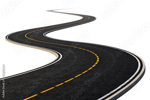 Obraz na płótnie A smooth meandering road with dashed yellow lines, bordered by white edges and a contrasting black surface, evoking motion. Isolated on a transparent background w salonie