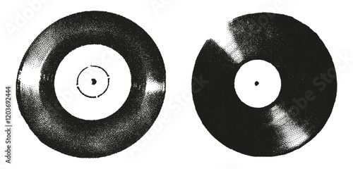 Trendy halftone stipple elements with photocopy effect. Vintage vinyl records, gramophone discs Grunge punk dotted stickers for collage, modern retro vector illustration for poster, print, music cover