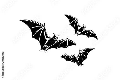 Line art of three bats mid-flight, emphasizing wing structure and motion, with detailed outlines. Isolated on a transparent background photo