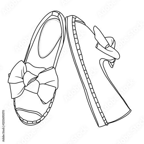 Women's Espadrille Wedge Sandal With Ribbon line art, Technical sketch hand drawing outline vector doodle top and side view isolated on white background for coloring page