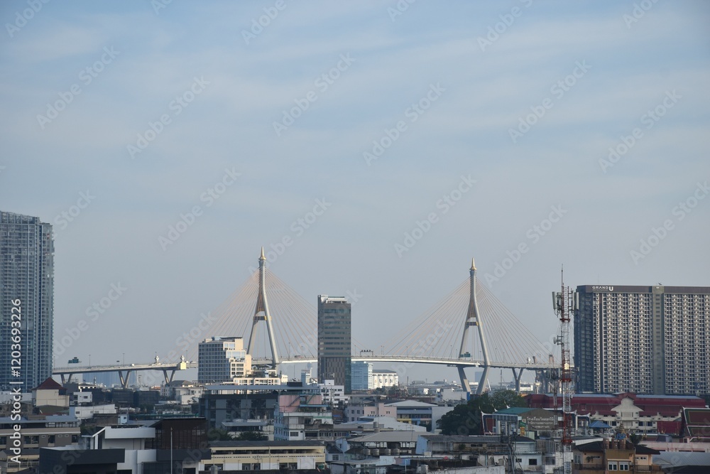 bridge and building cityscape on river in sunset at Thailand bridge and building cityscape on river in sunset at Thailand