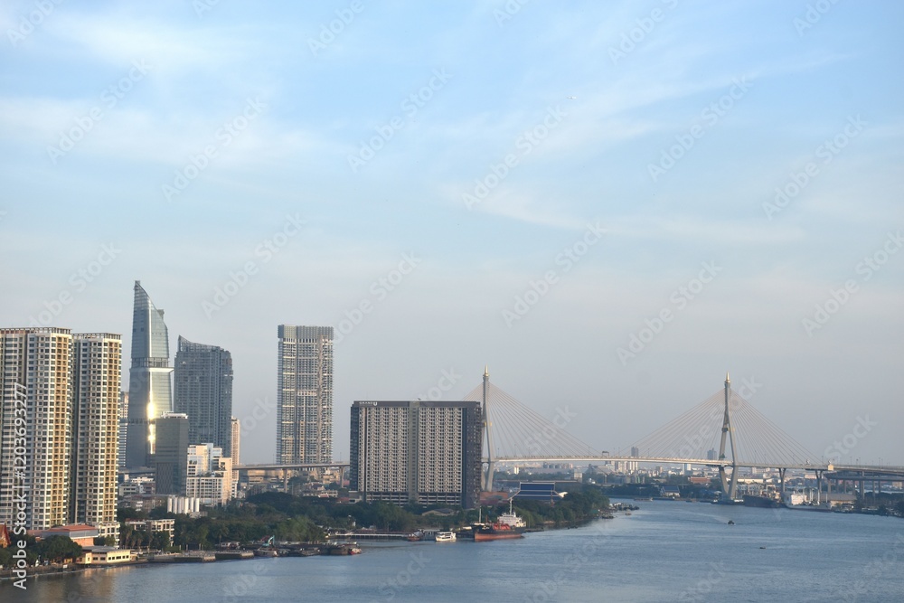 bridge and building cityscape on river in sunset at Thailand bridge and building cityscape on river in sunset at Thailand
