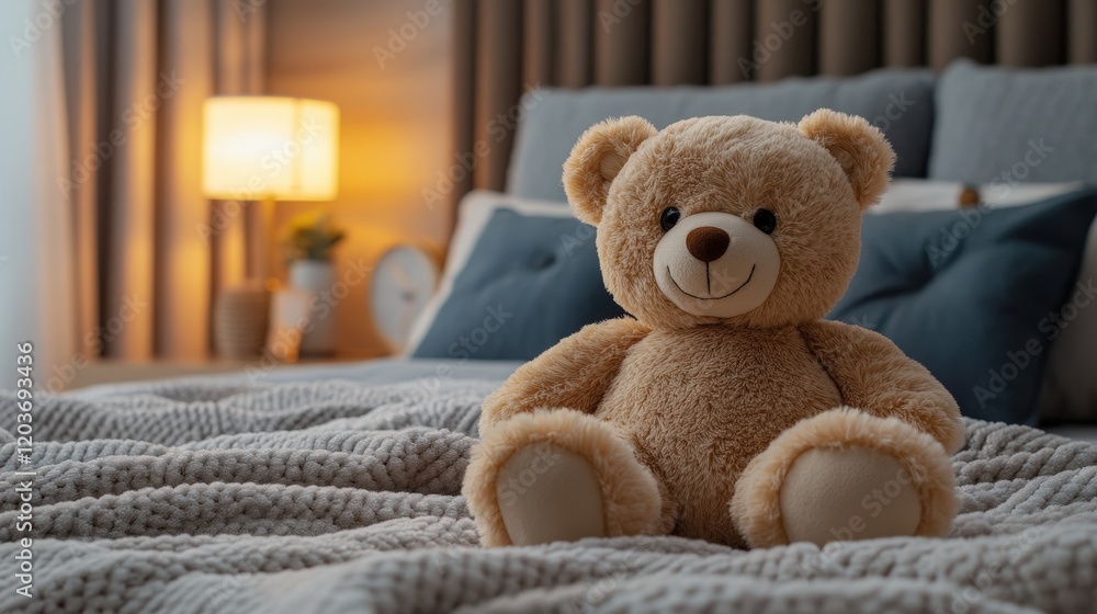 Soft and Adorable Handmade Teddy Bear Sitting on Cozy Bed Surrounded by Warm Lighting and Plush Textiles in a Modern Living Space Soft and Adorable Handmade Teddy Bear Sitting on Cozy Bed Surrounded by Warm Lighting and Plush Textiles in a Modern Living Space