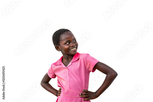 Standing with hands on hips, this girl beams a cheerful smile, wearing a stylish pink dress with stitched details. Isolated on a transparent background photo