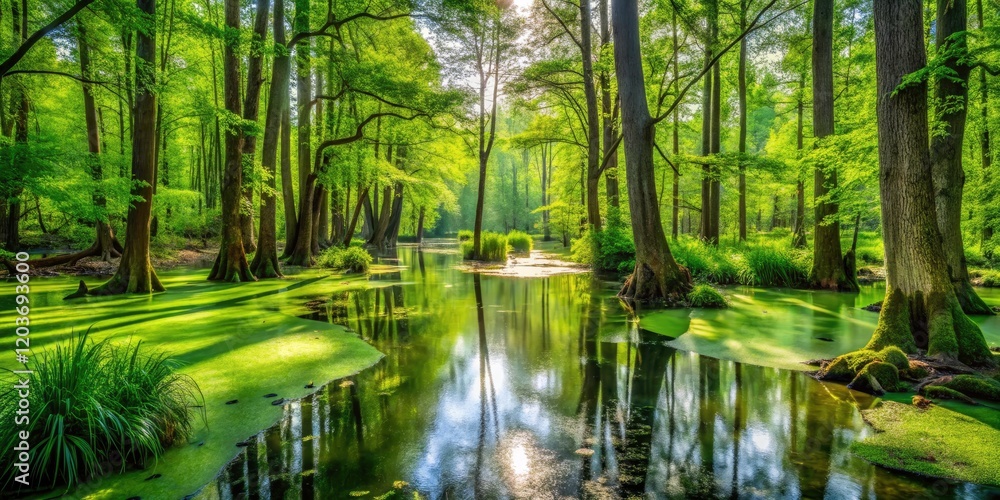 Lush Green Swamp in Forest: Springtime Nature Landscape with Vibrant Vegetation, Tranquil Waters, and Rich Biodiversity Lush Green Swamp in Forest: Springtime Nature Landscape with Vibrant Vegetation, Tranquil Waters, and Rich Biodiversity