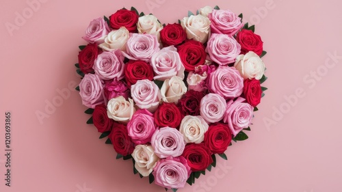 Bouquet of roses is arranged in the shape of a heart