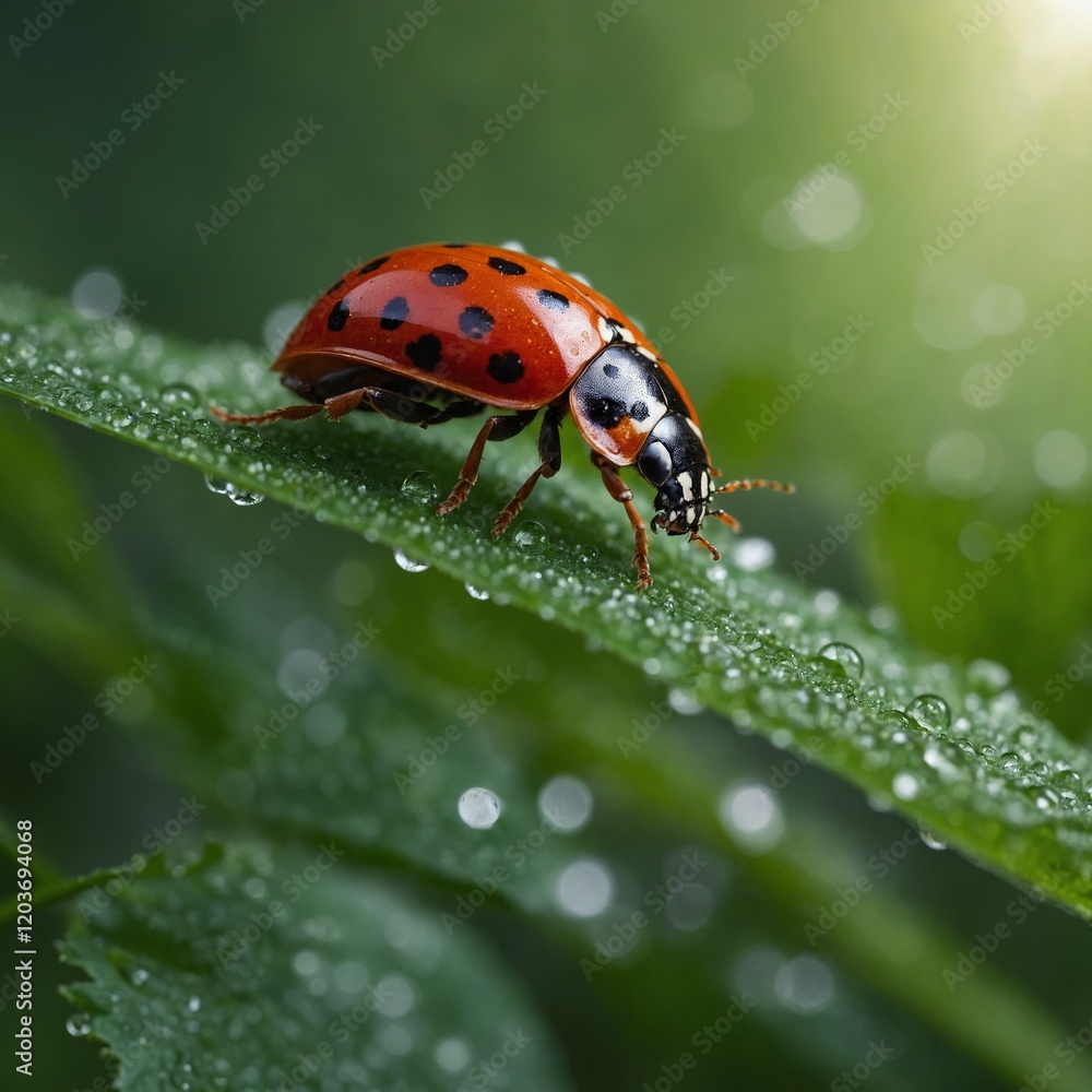 A ladybug crawling on a dew-covered green leaf in a morning forest. A ladybug crawling on a dew-covered green leaf in a morning forest.