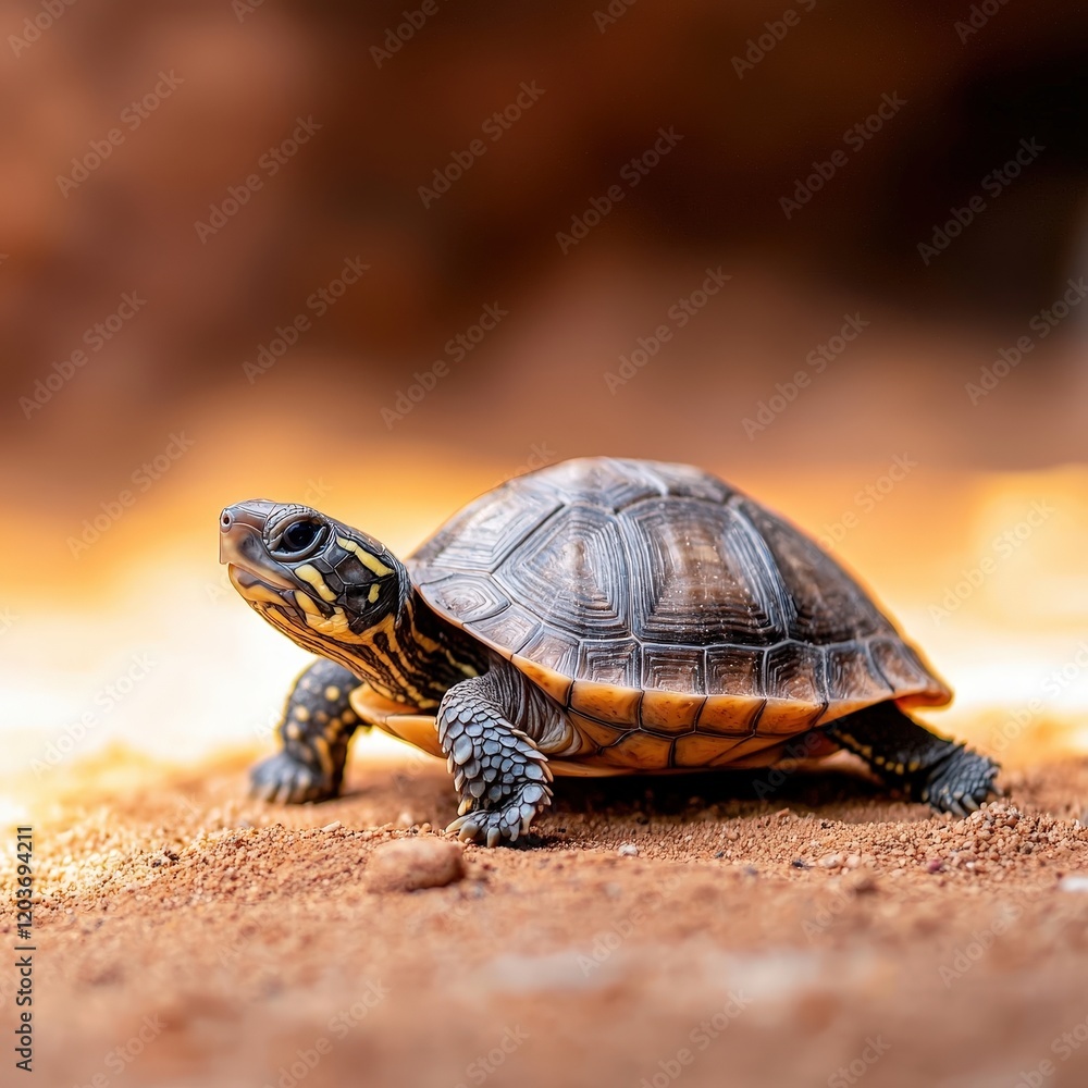 Small turtle resting on the ground in a natural outdoor setting under sunlight Small turtle resting on the ground in a natural outdoor setting under sunlight