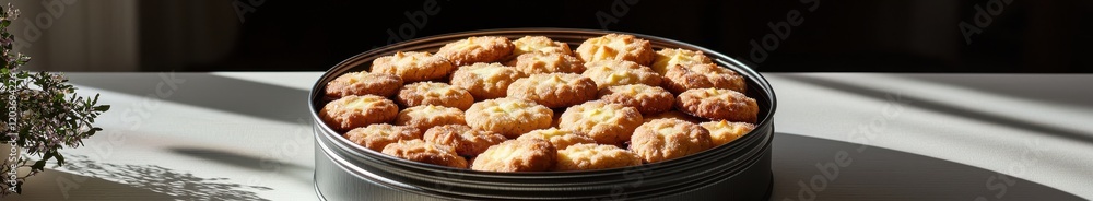 Delicious butter cookies in a tin box with sunlit shadows on a white table Delicious butter cookies in a tin box with sunlit shadows on a white table