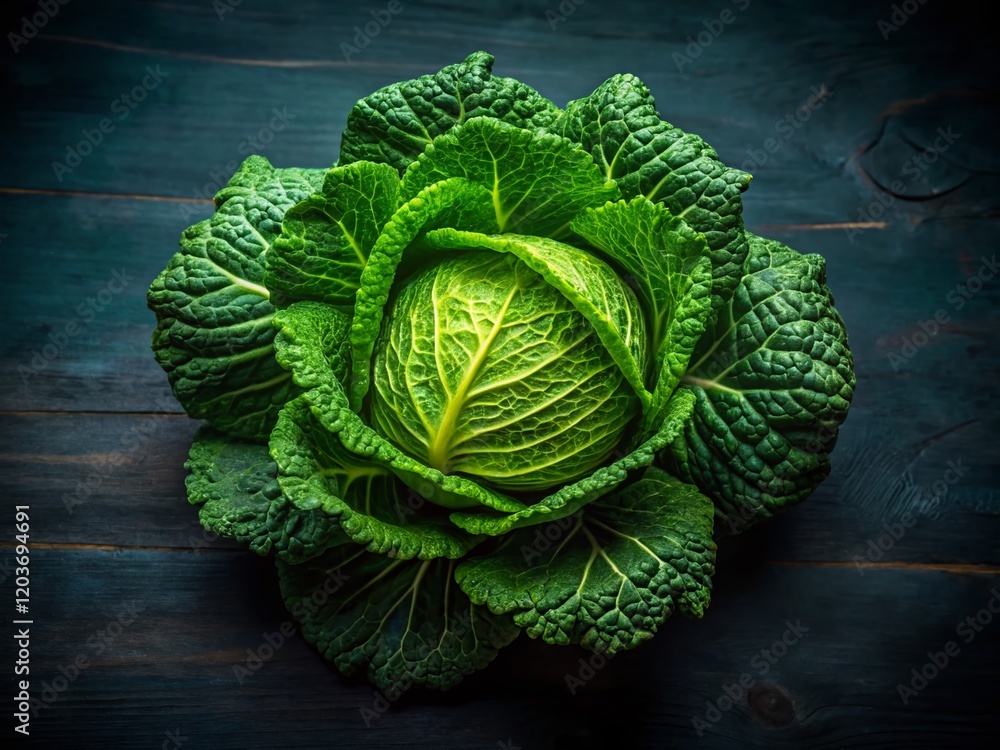 Fototapeta premium Fresh Green Cabbage Head, Organic Vegetable, Farm-to-Table Produce