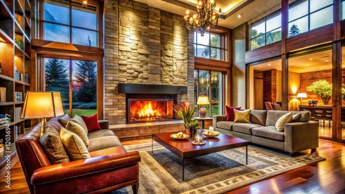 Wallpaper Mural Luxury Interior with Fireplace: Elegant Living Room Design Featuring Cozy Atmosphere, Modern Furnishings, and Stylish Decor for High-End Home Aesthetics Torontodigital.ca