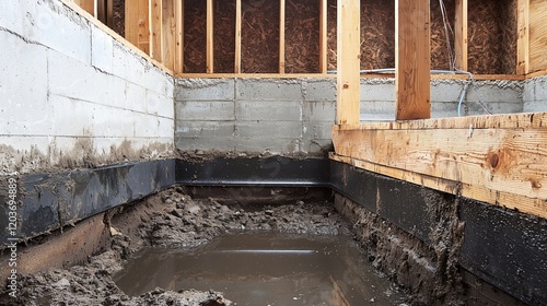 Exposed foundation with concrete and wooden structures, showing repair needs. photo