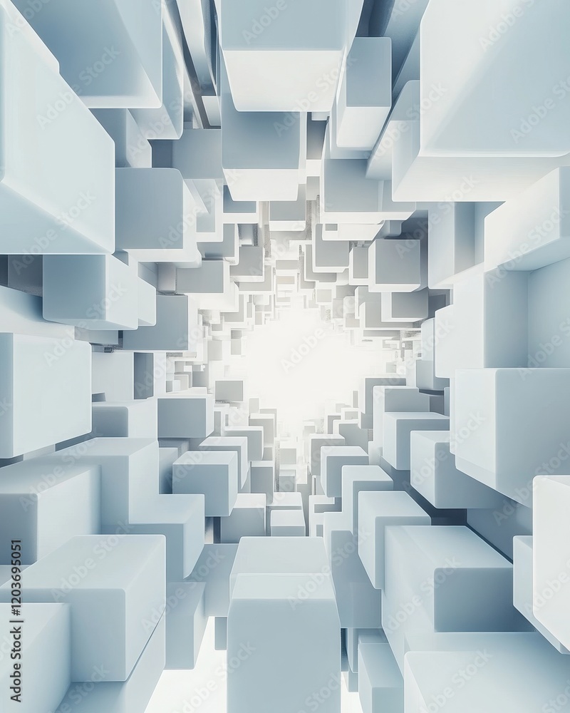 Abstract 3D White Cubes Tunnel with Bright Light, Geometric Background Abstract 3D White Cubes Tunnel with Bright Light, Geometric Background