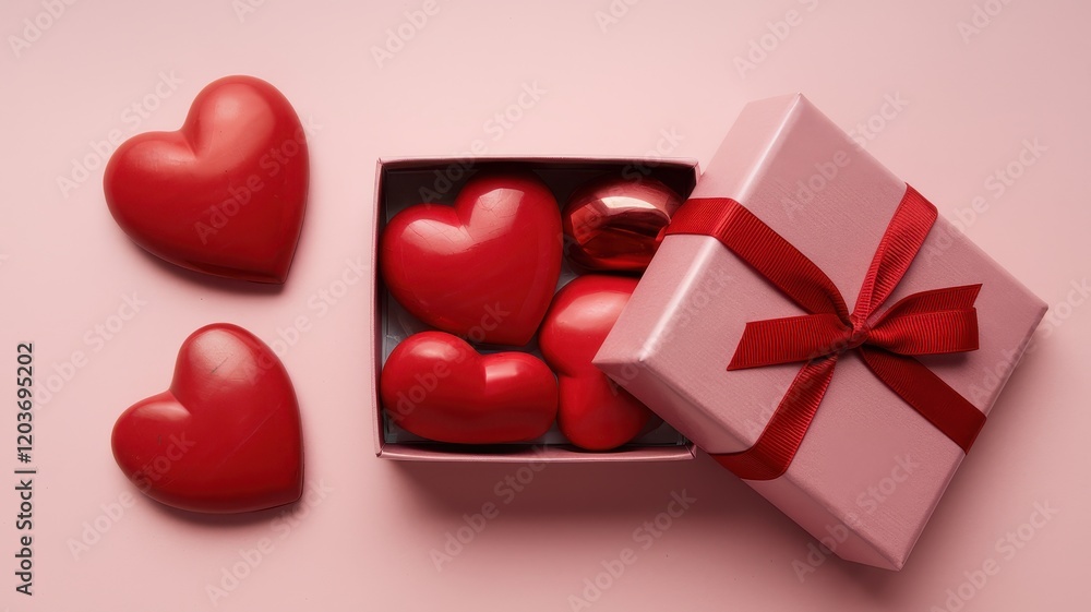 Box of red hearts is sitting on a pink background Box of red hearts is sitting on a pink background