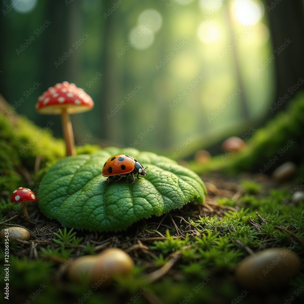 Peaceful Ladybug Resting on Dewy Leaf in Enchanted Forest Setting Peaceful Ladybug Resting on Dewy Leaf in Enchanted Forest Setting