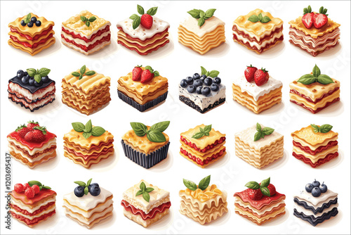 Set of delicious vector lasagna, Abstract colorful lasagna icons, Colorful vector lasagna collection, Set of traditional Italian vector lasagna, Set of realistic lasagna vector illustrations