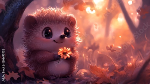 Adorable Hedgehog with Flower: A charming, stylized hedgehog with large, expressive eyes holds a delicate yellow flower in its paws, nestled amidst autumn leaves in a warm, enchanting forest setting. photo