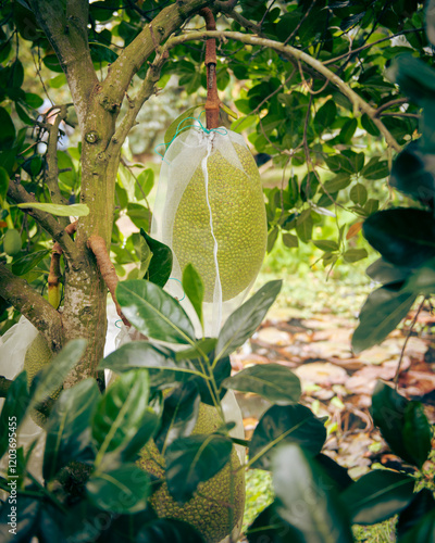 Close-up young jackfruit in polypropylene protection bag with room to growth at fruit orchard in Can Tho, Vietnam, anti-insect, rain proof, netting, breathable, reusable bag drawstring control photo