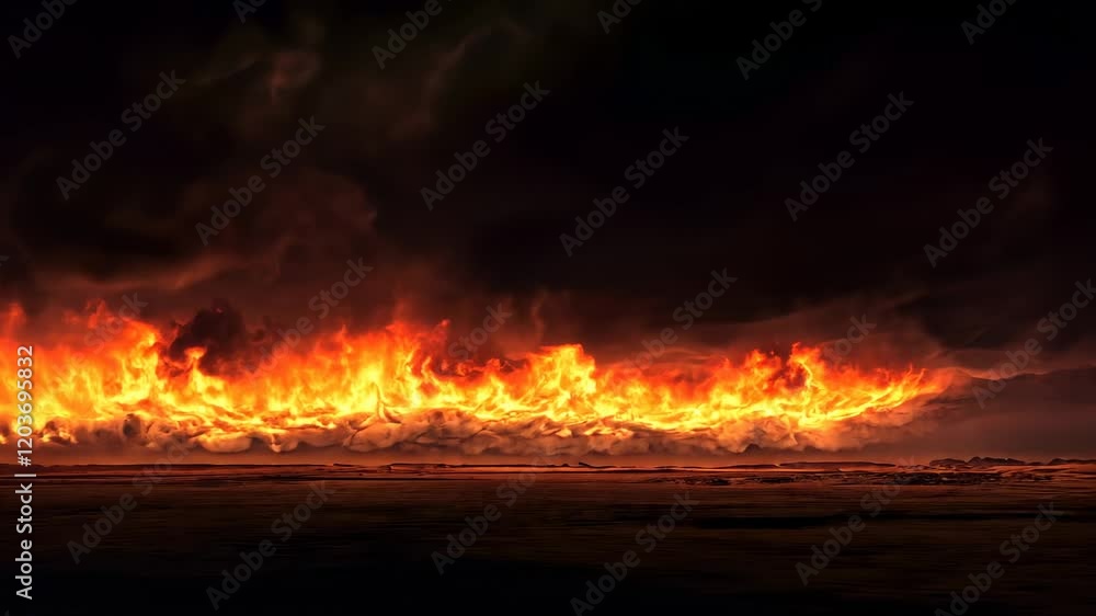 A massive fire cloud with red and orange flames, a dark sky background, a panoramic view, high resolution, hyper-realistic, and super-detailed. A massive fire cloud with red and orange flames, a dark sky background, a panoramic view, high resolution, hyper-realistic, and super-detailed.
