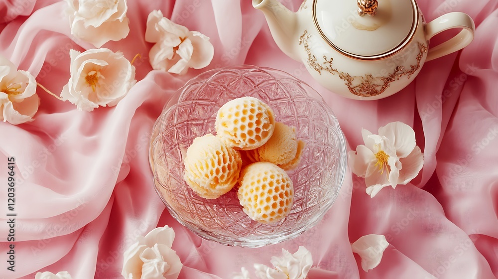 Fototapeta premium Teapot beside honeycomb ice cream on crystal bowl on pink cloth background