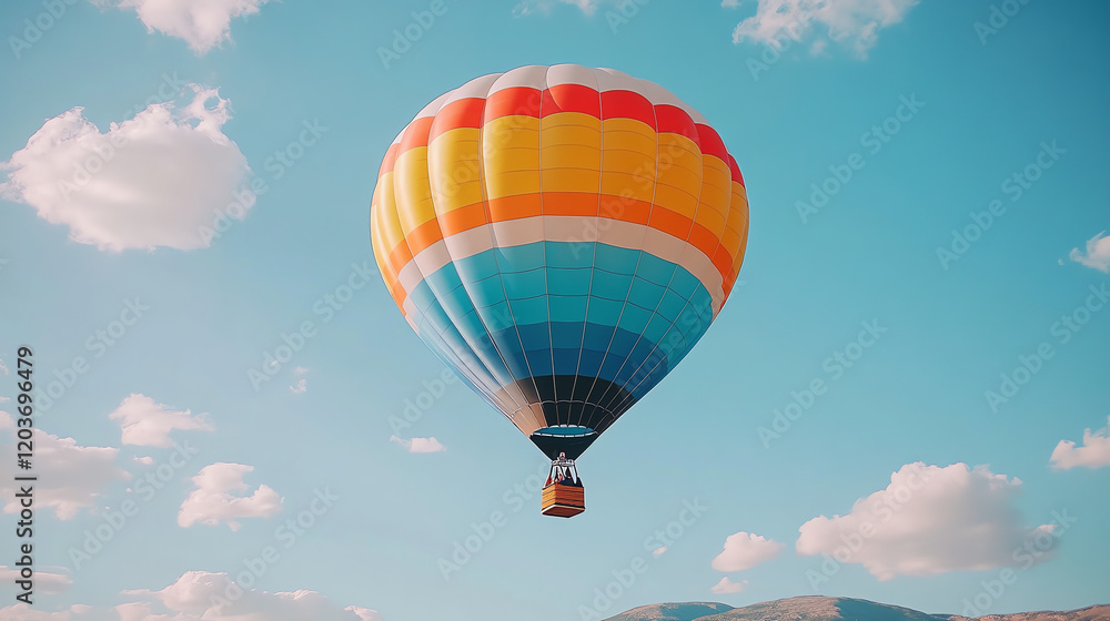 Fototapeta premium A vibrant hot air balloon floats against a blue sky with fluffy clouds.
