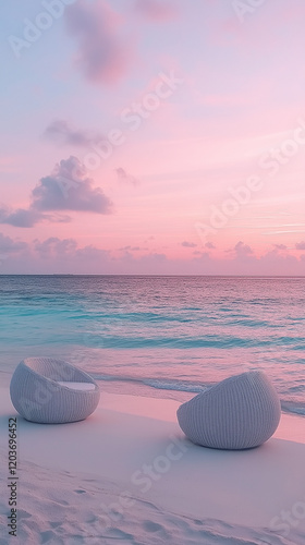 Serene beach at sunset with calm waves and vibrant sky on a tranquil evening