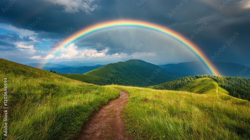 Naklejka premium Majestic Rainbow Arcing Over Lush Green Mountains
