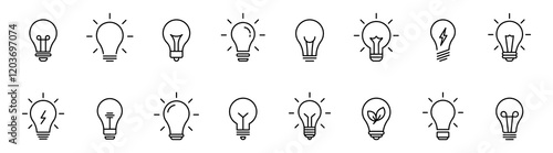 Lightbulb icon set. Light bulb linear icon. Idea and creativity symbol. Electric lamp, electricity, light. Editable stroke. Vector illustration.