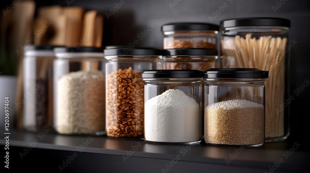 Organized pantry shelves with clear glass jars filled with various food ingredients Organized pantry shelves with clear glass jars filled with various food ingredients
