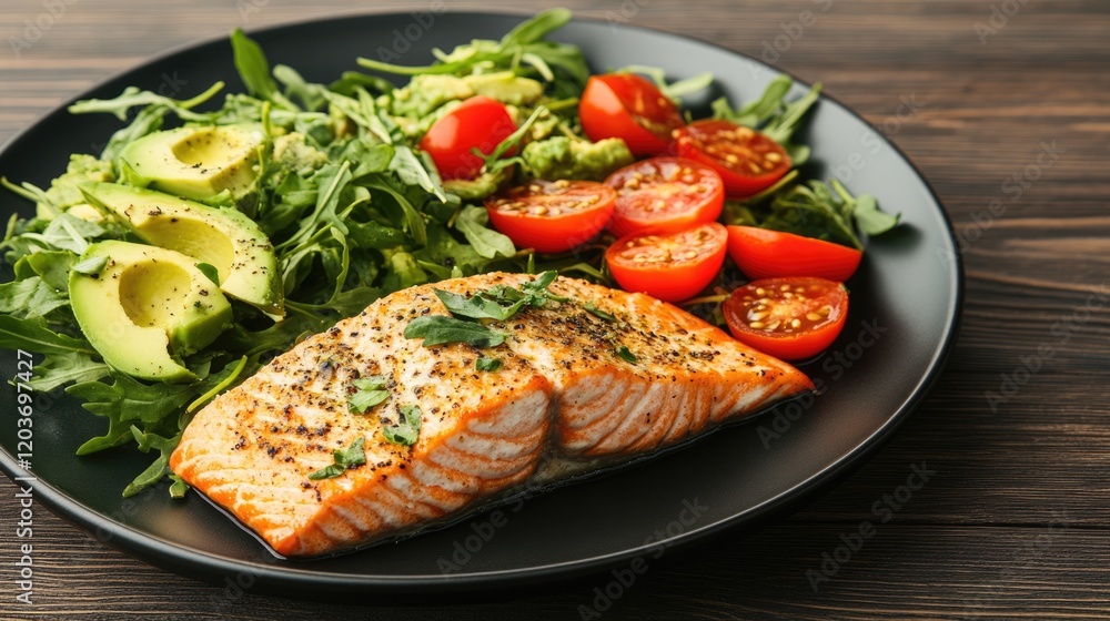 Healthy Salmon Dinner: Pan-seared salmon fillet served with a vibrant side salad of arugula, avocado, and cherry tomatoes, a delicious and nutritious meal. Healthy Salmon Dinner: Pan-seared salmon fillet served with a vibrant side salad of arugula, avocado, and cherry tomatoes, a delicious and nutritious meal.