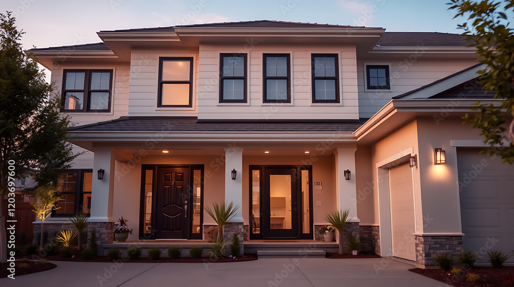 Fototapeta premium Luxury Modern Home Exterior at Dusk: Architectural Design and Real Estate Photography