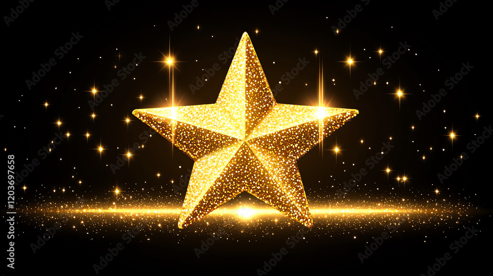 3D star against a black background with many gold sparkles. 3D star against a black background with many gold sparkles.