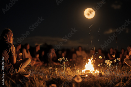 Group gathering around a fire under a full moon during a spring equinox ritual, celebrating unity and renewal in nature
