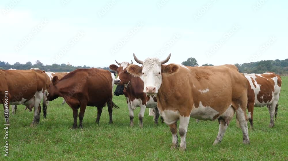 Cows graze in the pasture. Agriculture. Cattle breeding. Cows graze in the pasture. Agriculture. Cattle breeding.