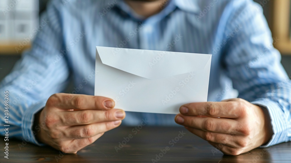 Naklejka premium Distressed man sitting at desk holding letter symbolizing layoff notice, reflecting emotional response to job loss in professional office setting.