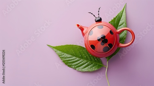 Teapot shaped like a ladybug on a leaf on light purple background photo