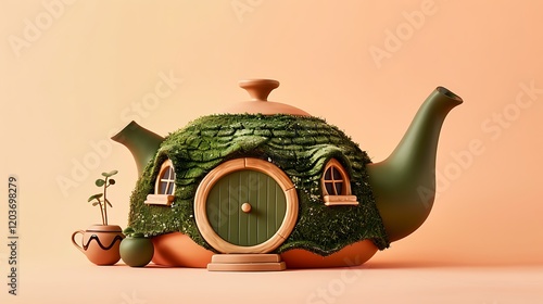 Teapot shaped like a tiny hobbit house on peach background photo