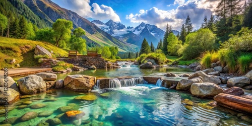 Mineral Spring Healing Water in Narzan, Narzanov Valley, Cheget, Elbrus, Caucasus - Natural Landscape, Wellness Retreat, Scenic Views, Tranquil Atmosphere, Outdoor Adventure photo