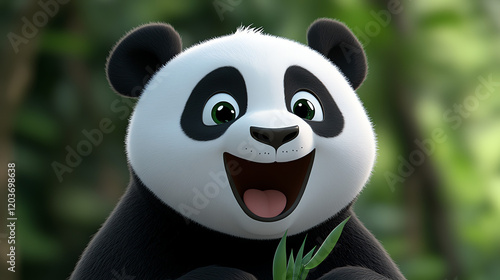 A smiling cartoon panda holding bamboo is displayed against a blurred background. photo