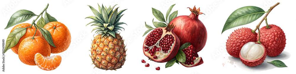 set of watercolor exotic summer fruits, isolated soft focus on the transparent background set of watercolor exotic summer fruits, isolated soft focus on the transparent background