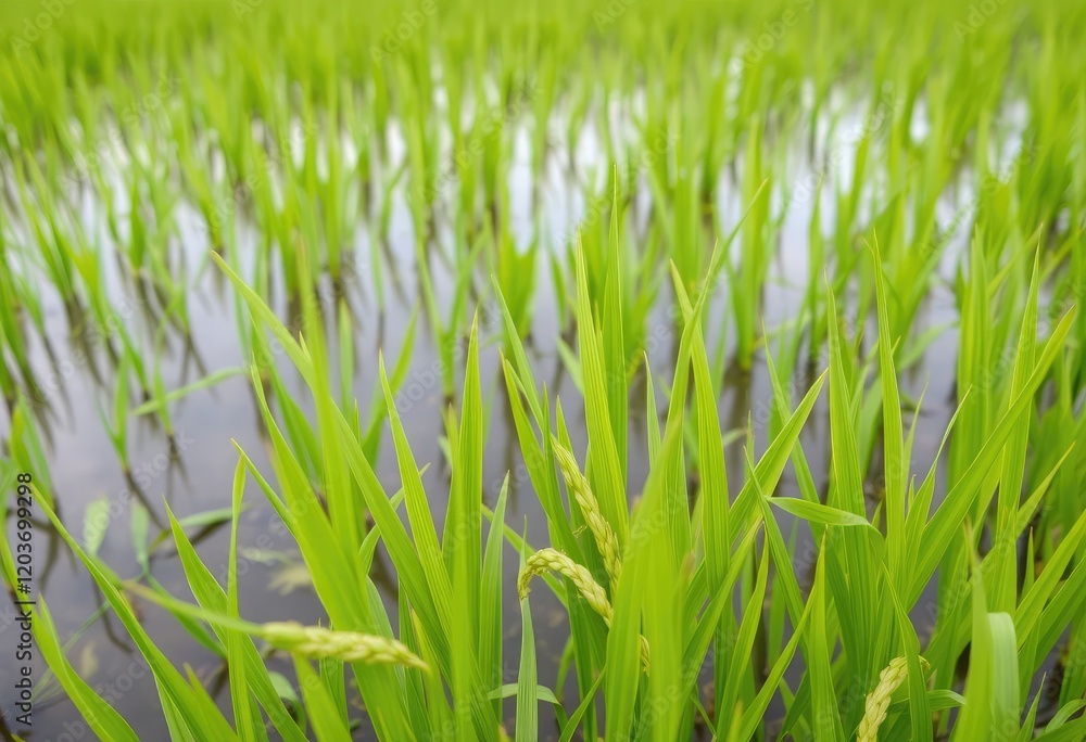 Fototapeta premium Freshly grown rice plants, vibrant green and thriving in a lush, water filled paddy field