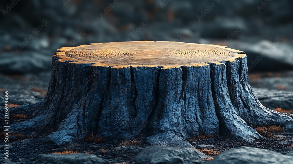 Charred Tree Stump: A solitary tree stump, its bark charred black by fire, stands starkly against a backdrop of charred ground. Charred Tree Stump: A solitary tree stump, its bark charred black by fire, stands starkly against a backdrop of charred ground.