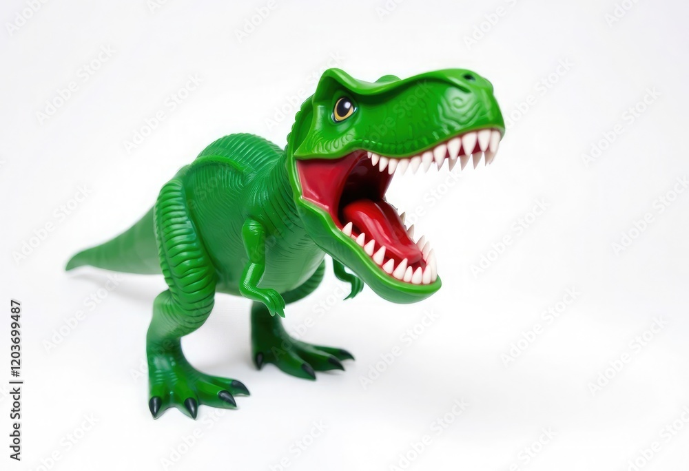 Fototapeta premium Green toy dinosaur with open mouth. tyrannosaurus rex on a white background