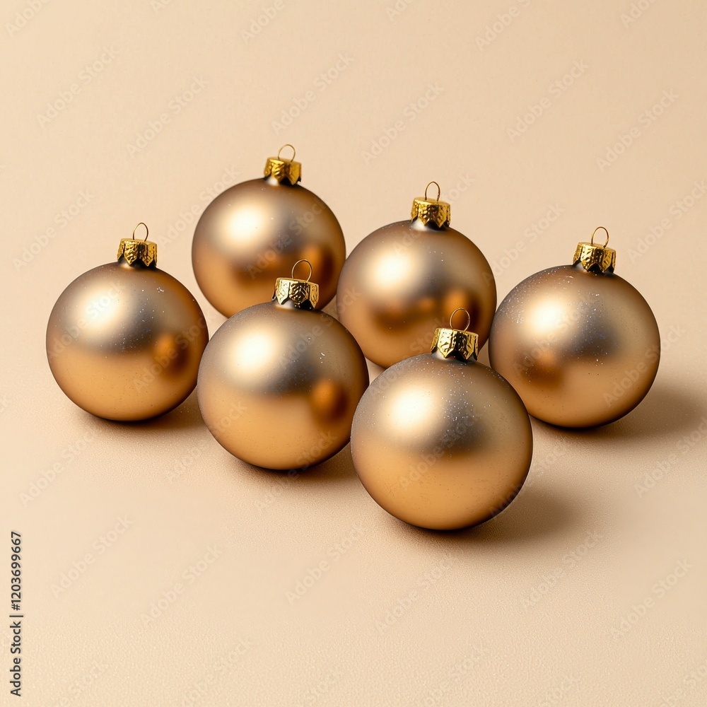 A collection of six shiny, bronze Christmas ornaments arranged on a light beige background, perfect for festive decor. A collection of six shiny, bronze Christmas ornaments arranged on a light beige background, perfect for festive decor.